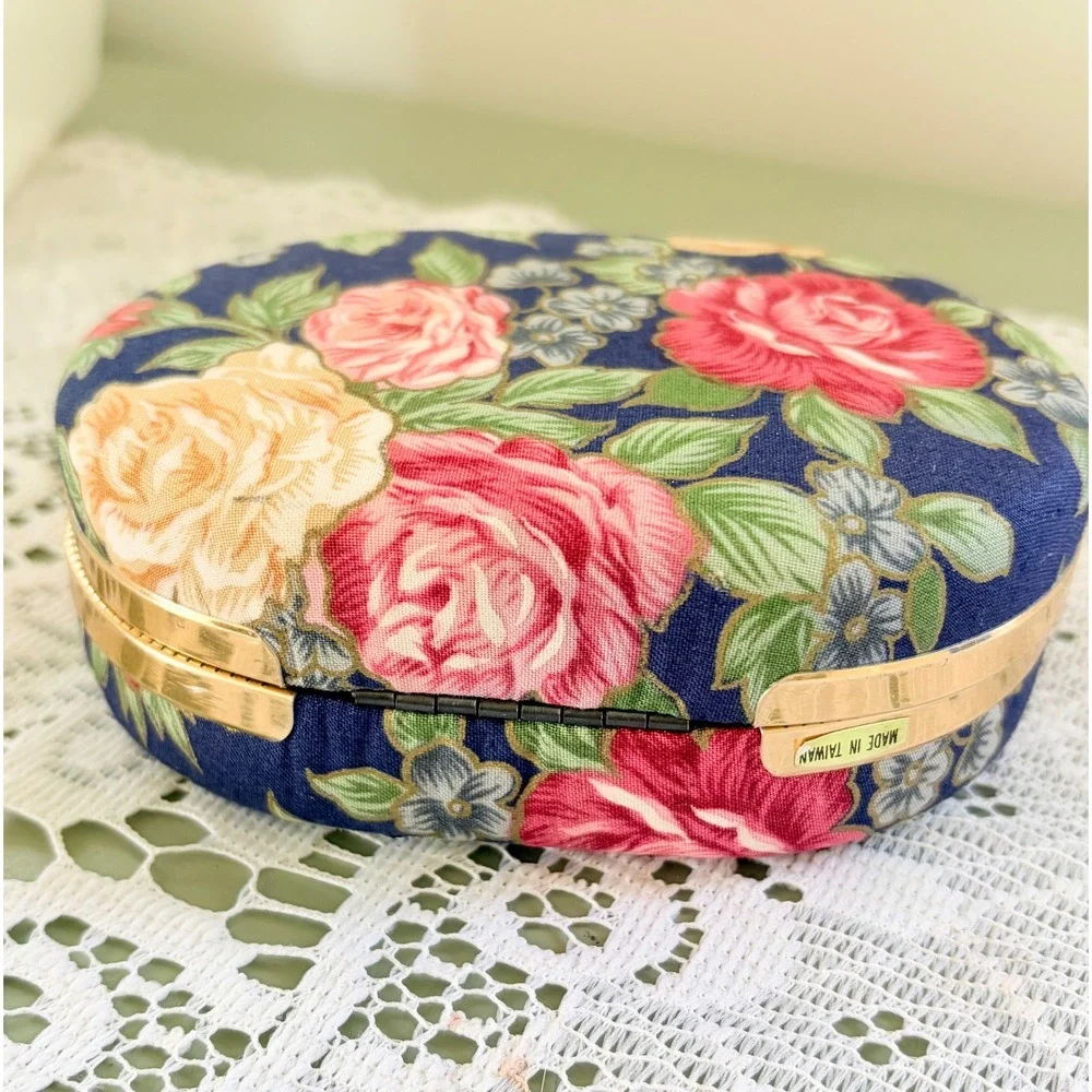 Vintage Floral Chintz Oval Jewelry Box Navy Blue Pink Rose Gold Tone Travel Case
